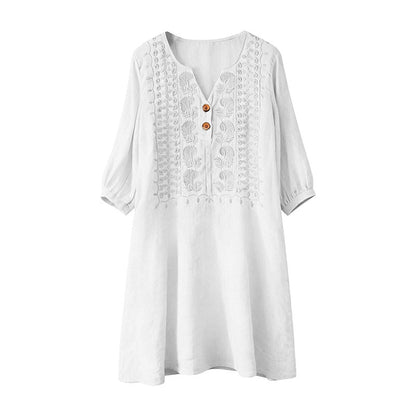 Robe en lin à col en V brodée pour femme