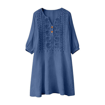 Robe en lin à col en V brodée pour femme