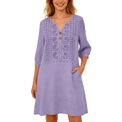 Robe en lin à col en V brodée pour femme