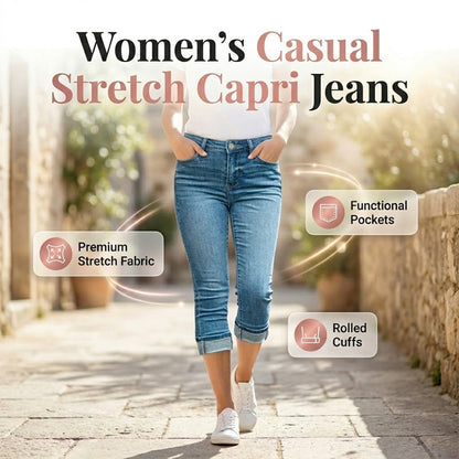 Jean capri décontracté à taille haute et extensible pour femme+