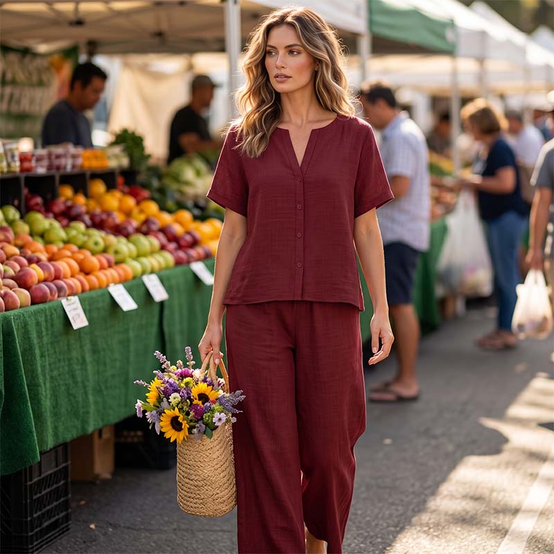 Haut à manches courtes + pantalon large, ensemble deux pièces, confortable