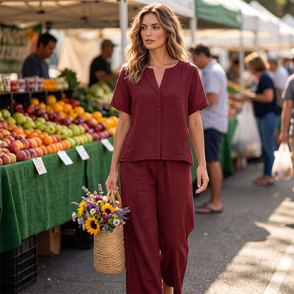 Haut à manches courtes + pantalon large, ensemble deux pièces, confortable