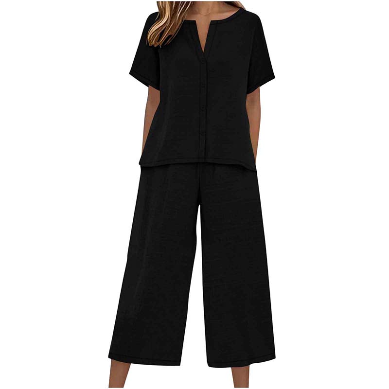 Haut à manches courtes + pantalon large, ensemble deux pièces, confortable