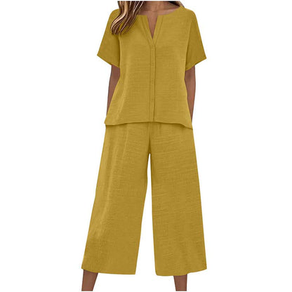 Haut à manches courtes + pantalon large, ensemble deux pièces, confortable
