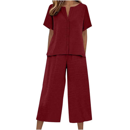 Haut à manches courtes + pantalon large, ensemble deux pièces, confortable