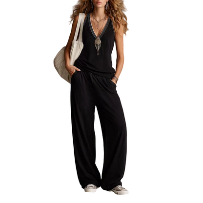 Ensemble pour femme composé d'un haut sans manches à col en V et d'un pantalon à jambes larges