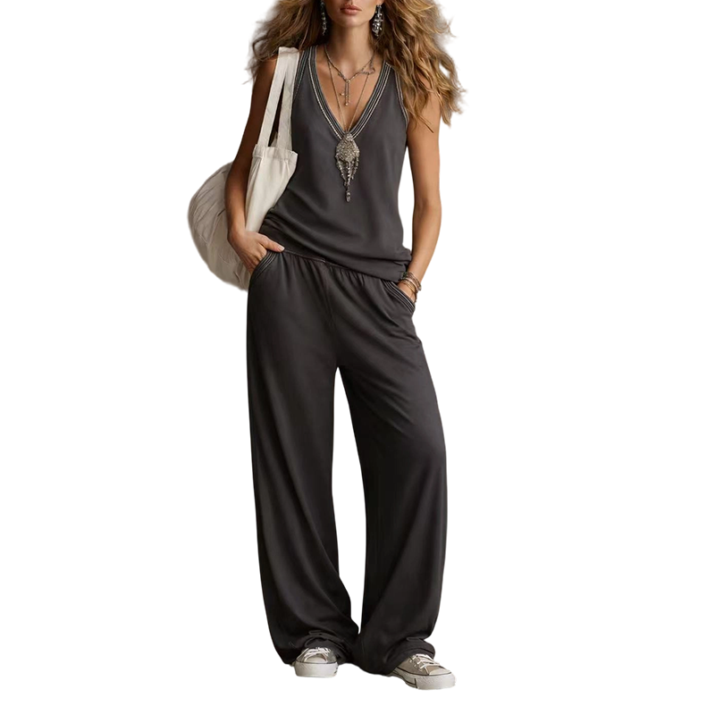 Ensemble pour femme composé d'un haut sans manches à col en V et d'un pantalon à jambes larges