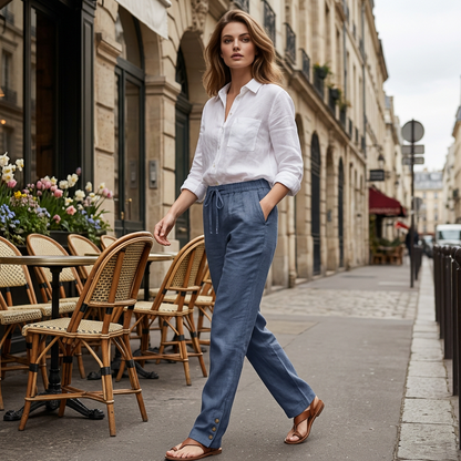 Women's Cotton Linen Loose Drawstring Wide Leg Pants