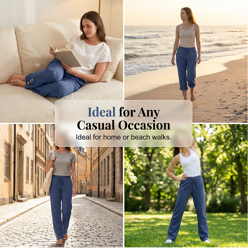 Women's Cotton Linen Loose Drawstring Wide Leg Pants