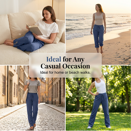 Women's Cotton Linen Loose Drawstring Wide Leg Pants