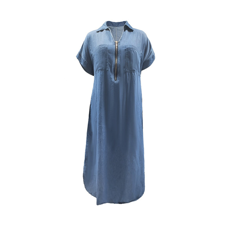 🔥 Jusqu'à -50% sur toute la collection ! Robe longue en jean zippée à col en V pour femme