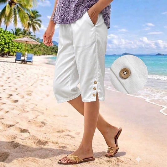 ☀️Pantalon d'été 3/4 pour femme avec détails boutonnés✨Frais, confortable et avec des poches vraiment pratiques