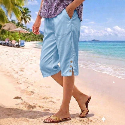 ☀️Pantalon d'été 3/4 pour femme avec détails boutonnés✨Frais, confortable et avec des poches vraiment pratiques