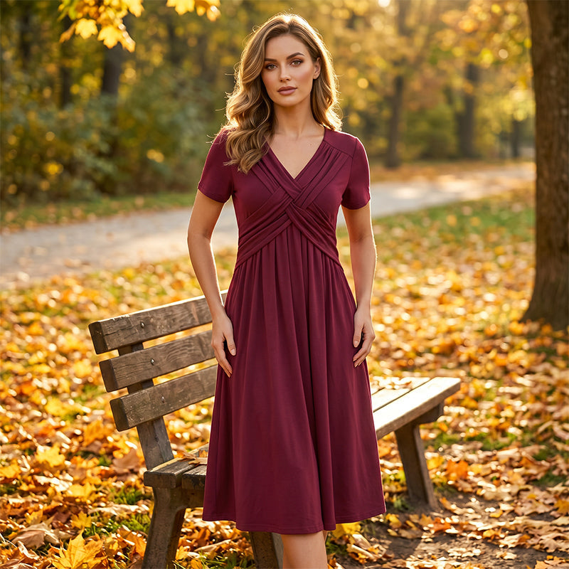 Robe plissée croisée à col en V pour femme