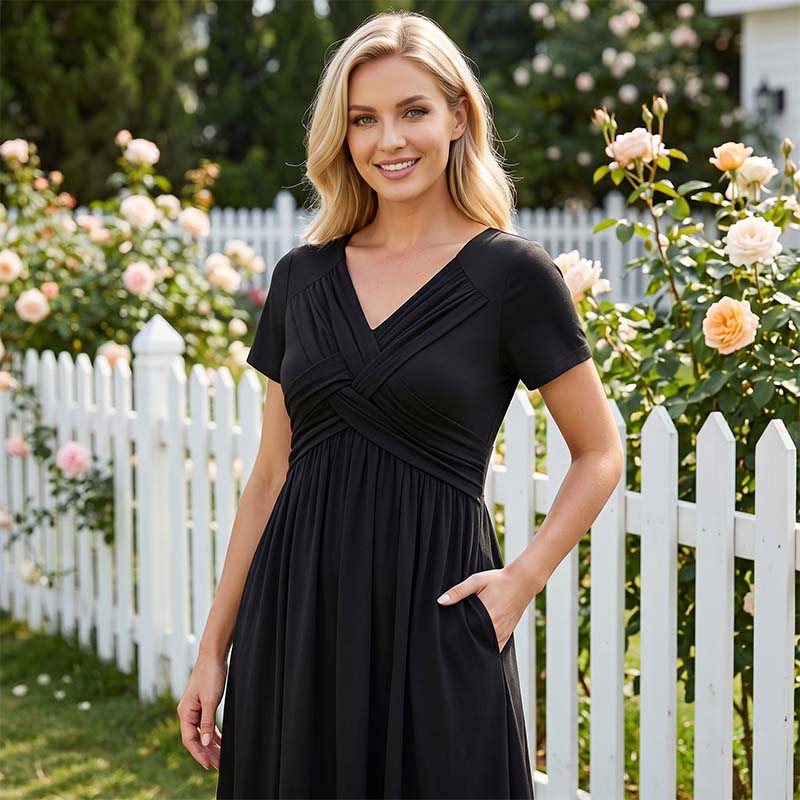 Robe plissée croisée à col en V pour femme