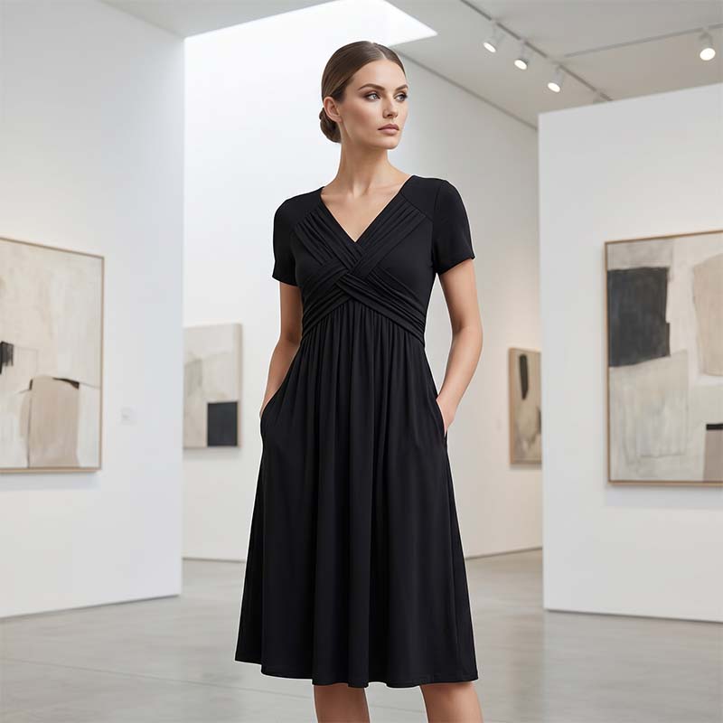 Robe plissée croisée à col en V pour femme