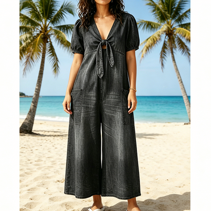 Combinaison ample à col en V et jambes larges pour femme