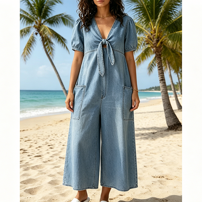 Combinaison ample à col en V et jambes larges pour femme