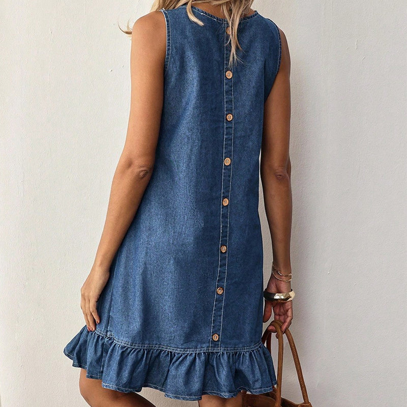 👗🌸  Robe sans manches en denim à ourlet à volants pour femme
