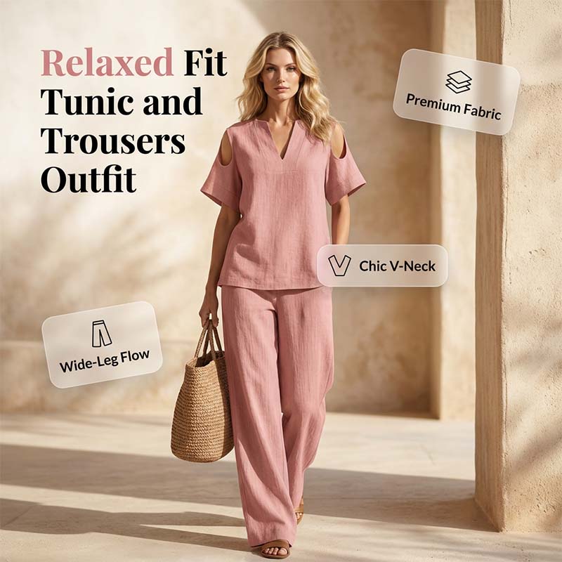 🔥Nouveautés et offres spéciales - Ensemble tunique et pantalon coupe décontractée, couleur unie