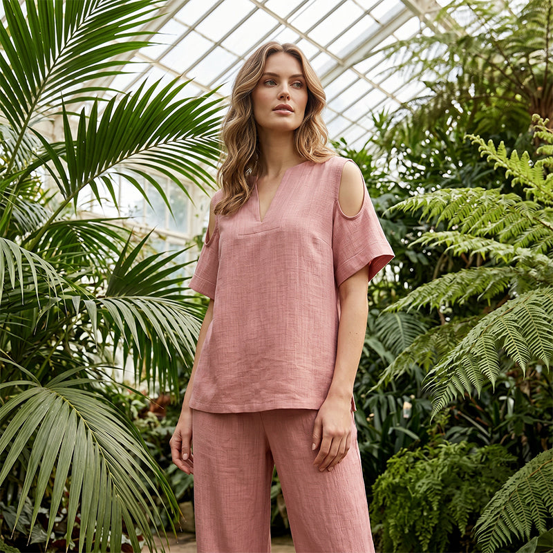 🔥Nouveautés et offres spéciales - Ensemble tunique et pantalon coupe décontractée, couleur unie