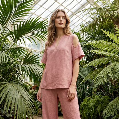 🔥Nouveautés et offres spéciales - Ensemble tunique et pantalon coupe décontractée, couleur unie