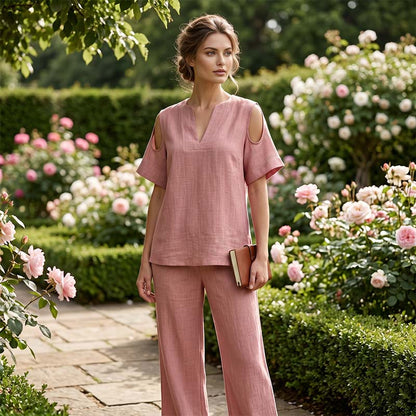 🔥Nouveautés et offres spéciales - Ensemble tunique et pantalon coupe décontractée, couleur unie