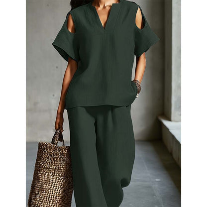 🔥Nouveautés et offres spéciales - Ensemble tunique et pantalon coupe décontractée, couleur unie