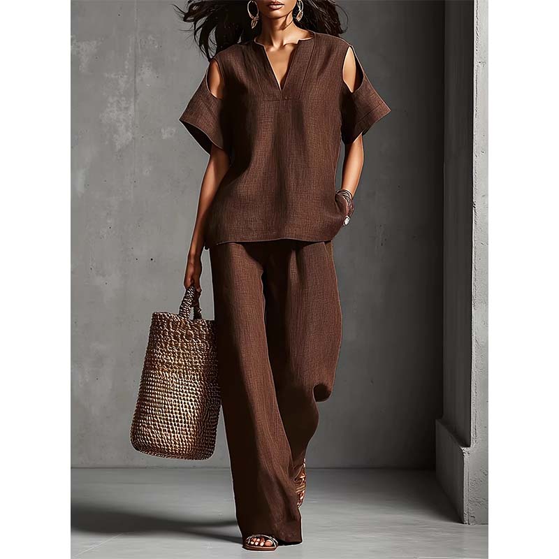 🔥Nouveautés et offres spéciales - Ensemble tunique et pantalon coupe décontractée, couleur unie
