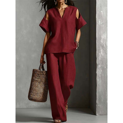 🔥Nouveautés et offres spéciales - Ensemble tunique et pantalon coupe décontractée, couleur unie