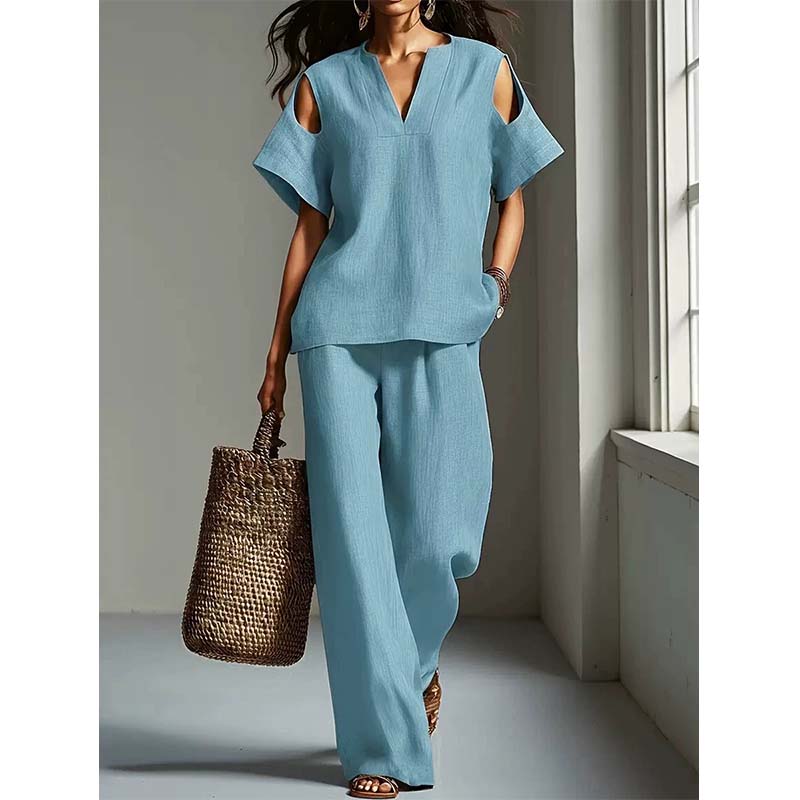 🔥Nouveautés et offres spéciales - Ensemble tunique et pantalon coupe décontractée, couleur unie