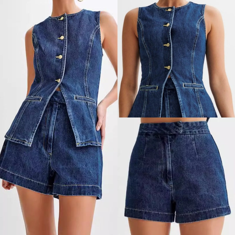 Ensemble décontracté en jean pour femme, composé d'un haut sans manches et d'un short