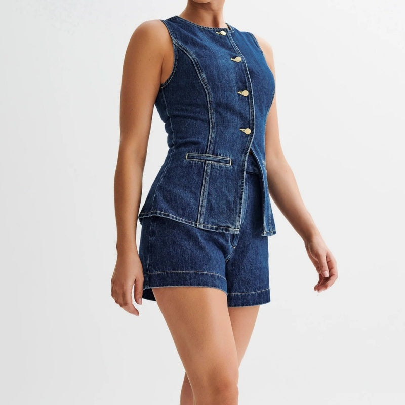 Ensemble décontracté en jean pour femme, composé d'un haut sans manches et d'un short