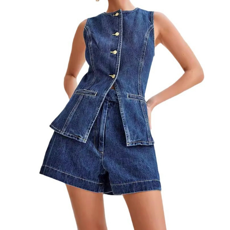 Ensemble décontracté en jean pour femme, composé d'un haut sans manches et d'un short