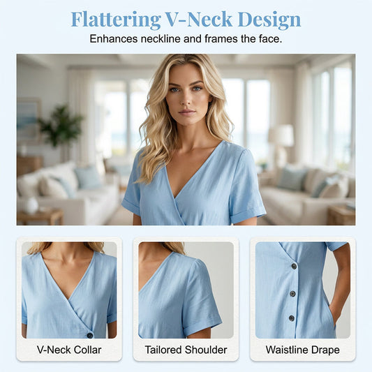 👗 Robe midi croisée en coton-lin, col V et boutons asymétriques – Style décontracté chic avec poches pratiques ✨