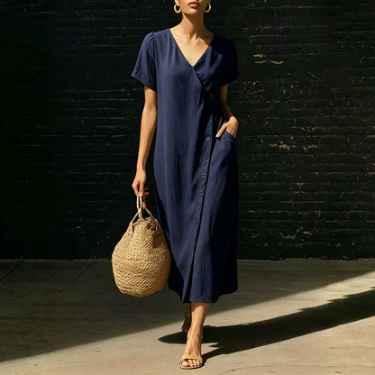 Robe midi boutonnée en tissu mélangé pour femme