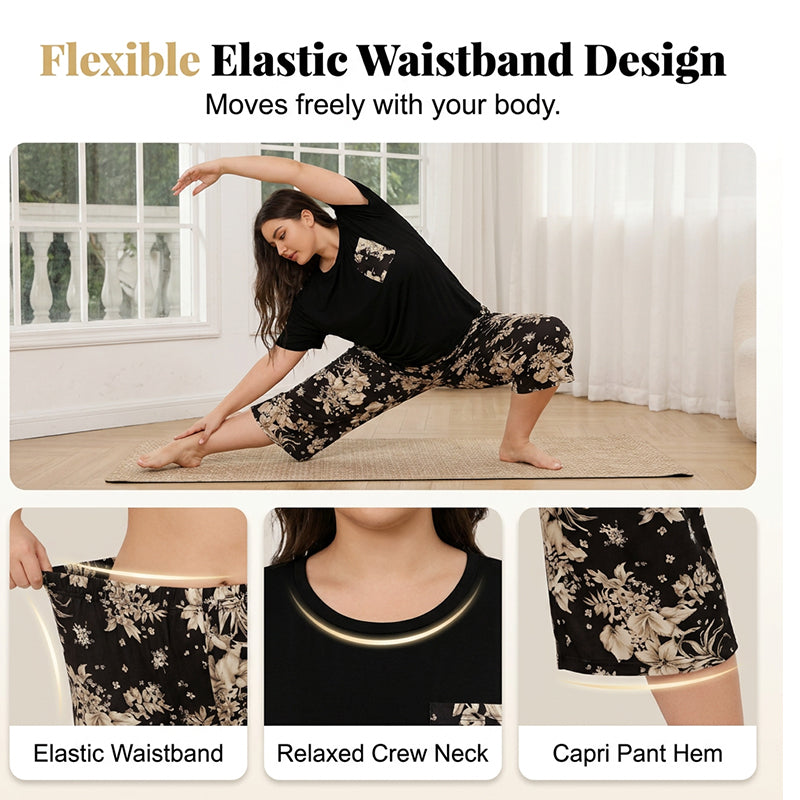 Ensemble haut décontracté à col rond et pantalon capri pour femme