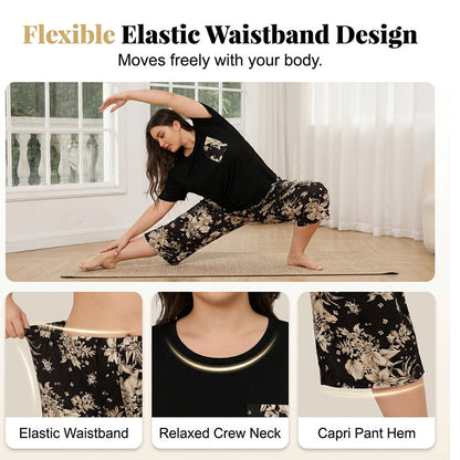 Ensemble haut décontracté à col rond et pantalon capri pour femme