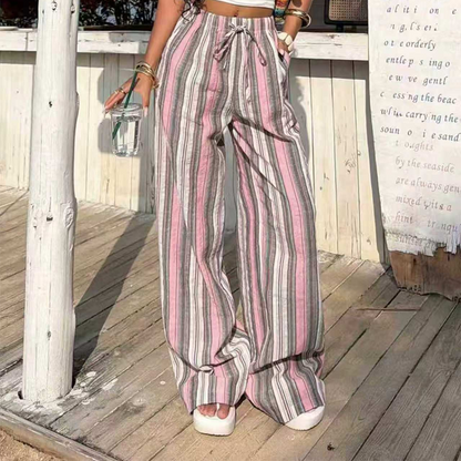 Pantalon rayé à jambes larges et cordon de serrage pour femme