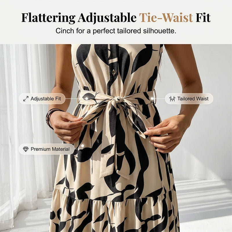 👗Sleeveless, collared, belted long dress, soft and comfortable