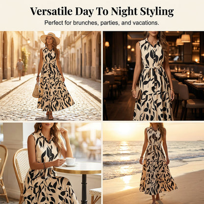 👗Sleeveless, collared, belted long dress, soft and comfortable