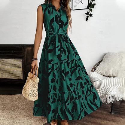 👗Sleeveless, collared, belted long dress, soft and comfortable