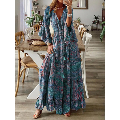 👗 Neu! Damen Boho Paisley Maxikleid | V-Ausschnitt mit Glockenärmeln, Weiches Fließendes Sommerkleid