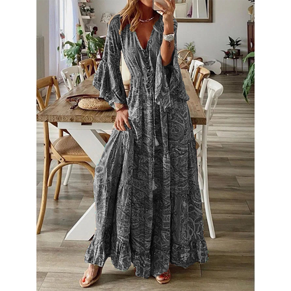 👗 Neu! Damen Boho Paisley Maxikleid | V-Ausschnitt mit Glockenärmeln, Weiches Fließendes Sommerkleid