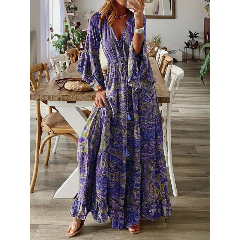 👗 Neu! Damen Boho Paisley Maxikleid | V-Ausschnitt mit Glockenärmeln, Weiches Fließendes Sommerkleid