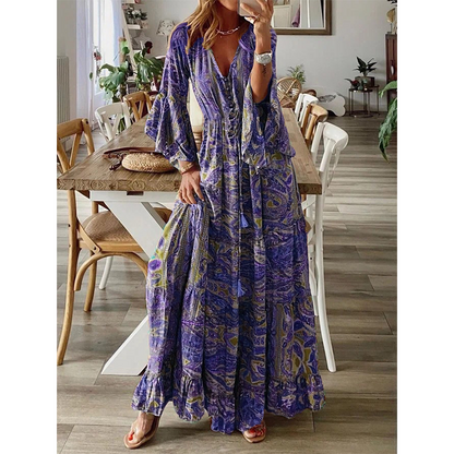 👗 Neu! Damen Boho Paisley Maxikleid | V-Ausschnitt mit Glockenärmeln, Weiches Fließendes Sommerkleid