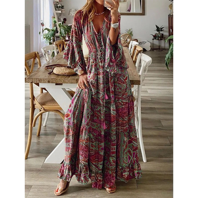 👗 Neu! Damen Boho Paisley Maxikleid | V-Ausschnitt mit Glockenärmeln, Weiches Fließendes Sommerkleid