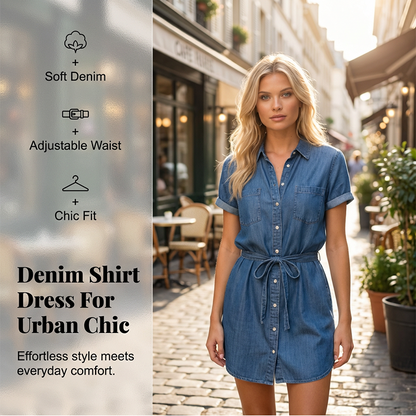 Robe-chemise en jean décontractée pour femme avec taille à cordon