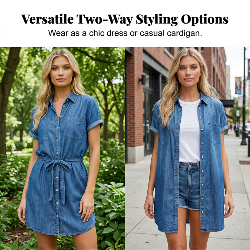 Robe-chemise en jean décontractée pour femme avec taille à cordon