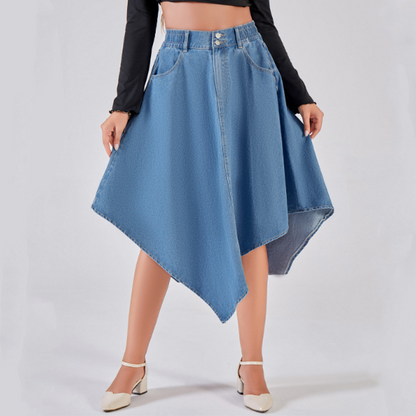 ❌ Encore aujourd'hui au prix promo – demain plein tarif ! Jupe en jean asymétrique et moulante, longueur midi